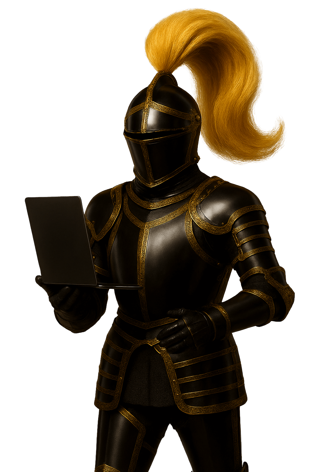 Black Knight Proudly Holding a Laptop Looking Left